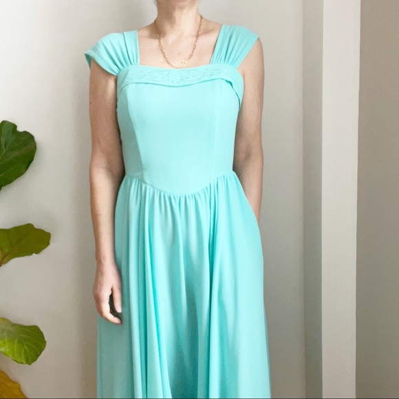 Vintage Tricoville London Blue Midi Dress Size 6 Sleveless Turquoise - Picture 3 of 16